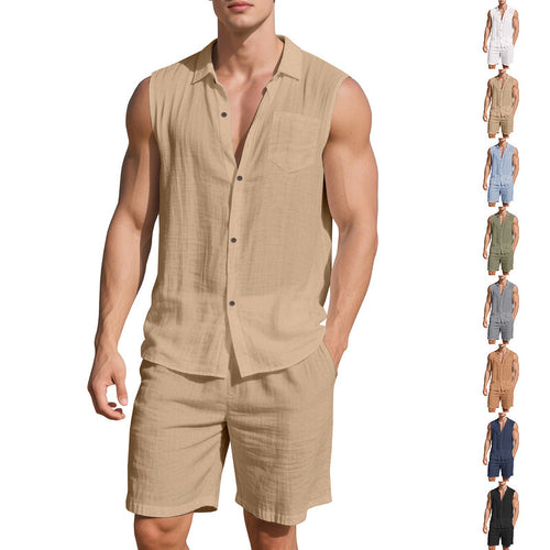 Herren nan ärmelloses Hemd- und Shorts-Set aus Baumwoll-Leinen mit Kentkragen und elastischem Tunnelzugbund EB
