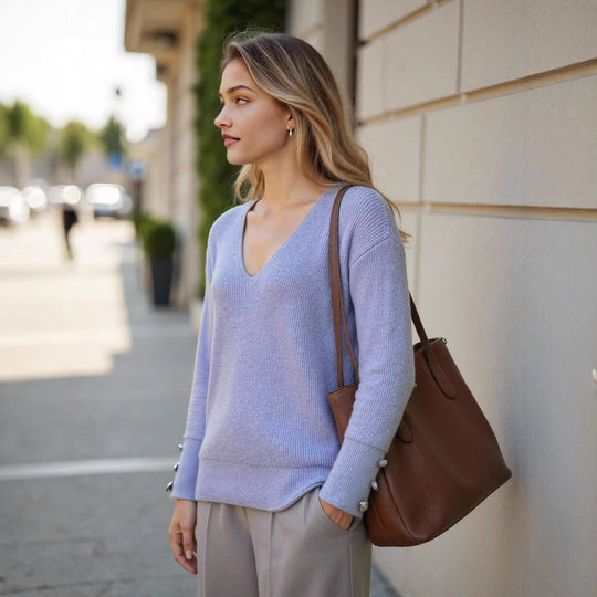 Damen V-Ausschnitt Strickpullover mit dekorativen Knöpfen EB