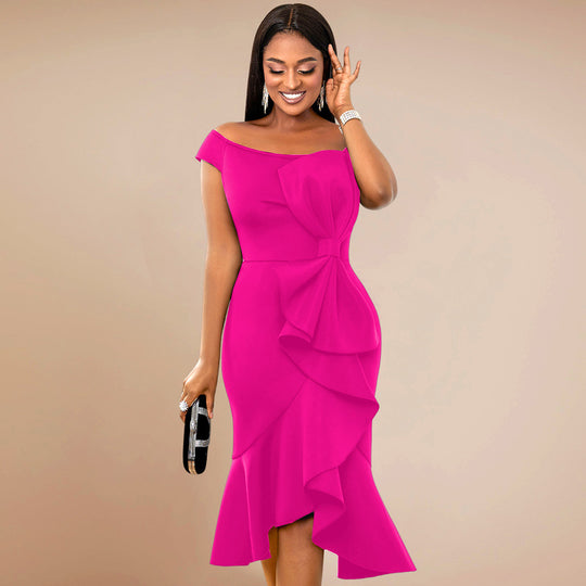 Damen Elegantes Wickelkleid mit Rüschen und Off-Shoulder Design EB