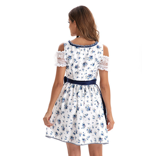Damen nan kurzes Trachtenkleid im bayerischen Stil mit geschnürtem Mieder, Spitzenkragen und Schürzenrock EB