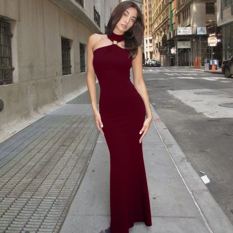 Damen Elegantes Maxikleid mit schickem Halsband und figurbetonendem Schnitt EB