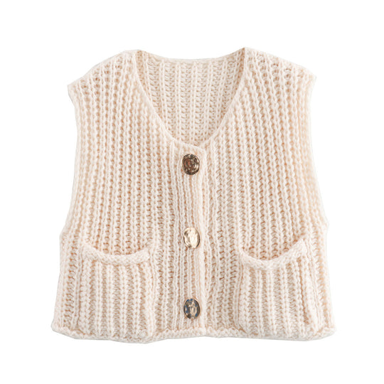 Damen modische Strickweste mit dekorativen Knopfdetails und praktischen Taschen EB