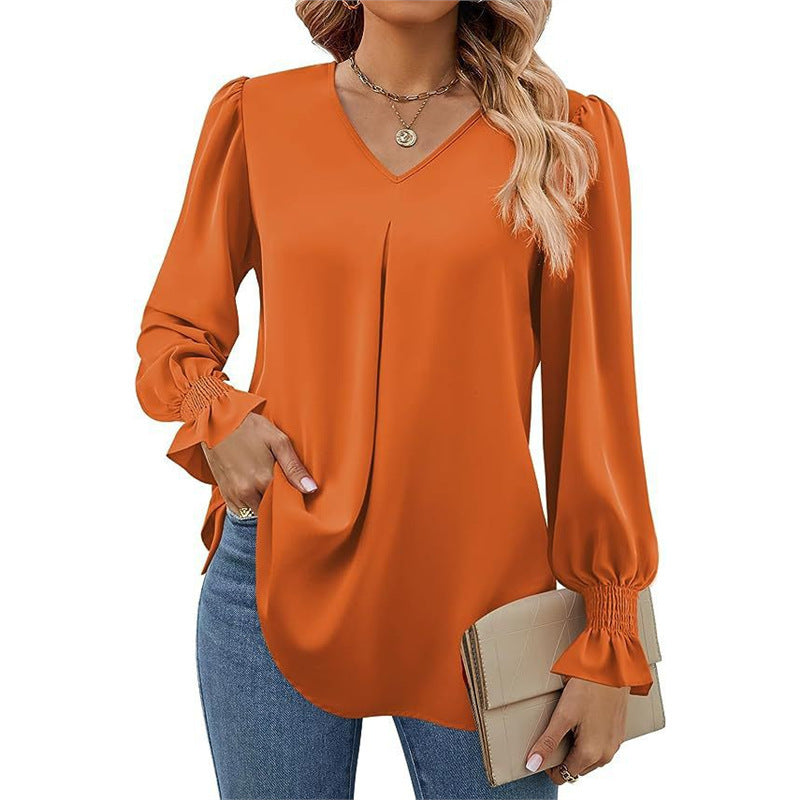 Damen fließende V-Ausschnitt Bluse mit eleganten Puffärmeln EB