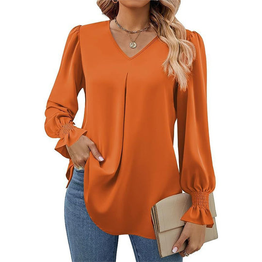 Damen fließende V-Ausschnitt Bluse mit eleganten Puffärmeln EB
