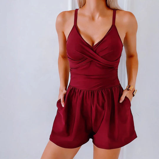 Damen Trendiger Jumpsuit mit Cross-Over-Oberteil und Taschen EB