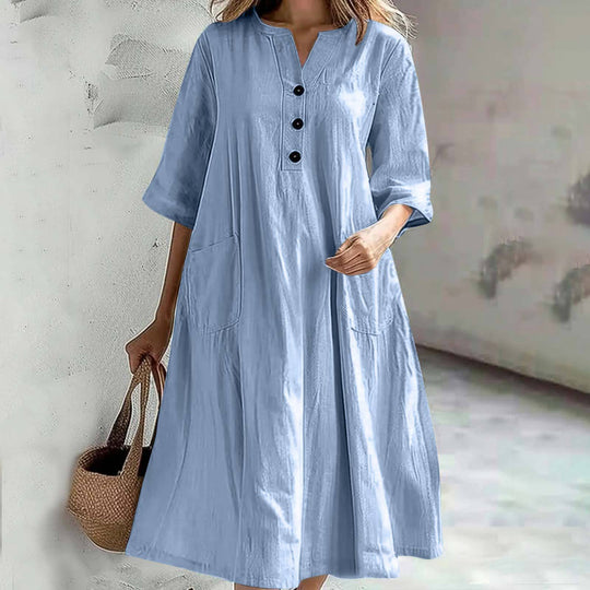 Damen lässiges Baumwollkleid mit Knopfleiste und praktischen Taschen EB