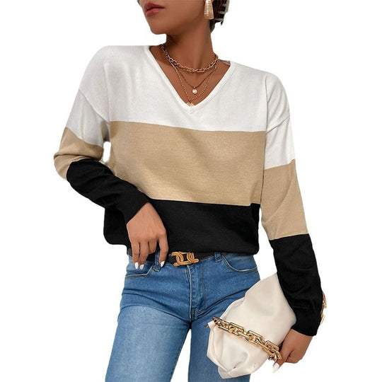 Damen V-Ausschnitt Pullover mit gestreiftem Design und lässigem Schnitt EB