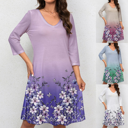 Damen V-Ausschnitt Sommerkleid mit floralem Aquarell-Design und ¾-Ärmeln EB