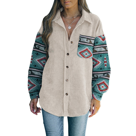 Damen Cord‑Hemdenjacke mit gemusterten Strickärmeln und aufgesetzter Brusttasche EB