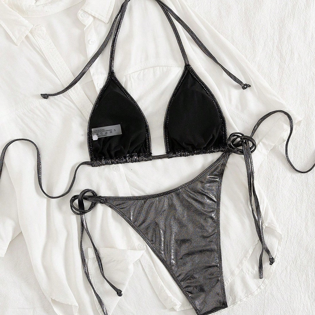 Damen Triangel-Bikini mit verstellbaren Bändern und glänzendem Design EB