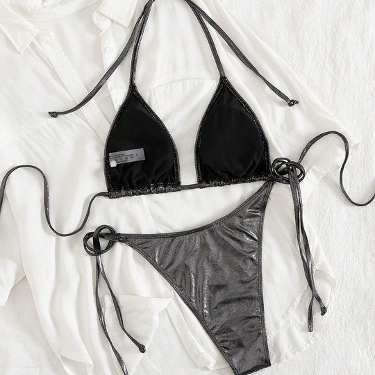 Damen Triangel-Bikini mit verstellbaren Bändern und glänzendem Design EB