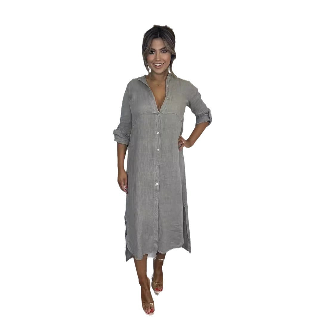 Damen Wickel-Kleid mit elegantem Hemdkragen und seitlichen Schlitzen EB