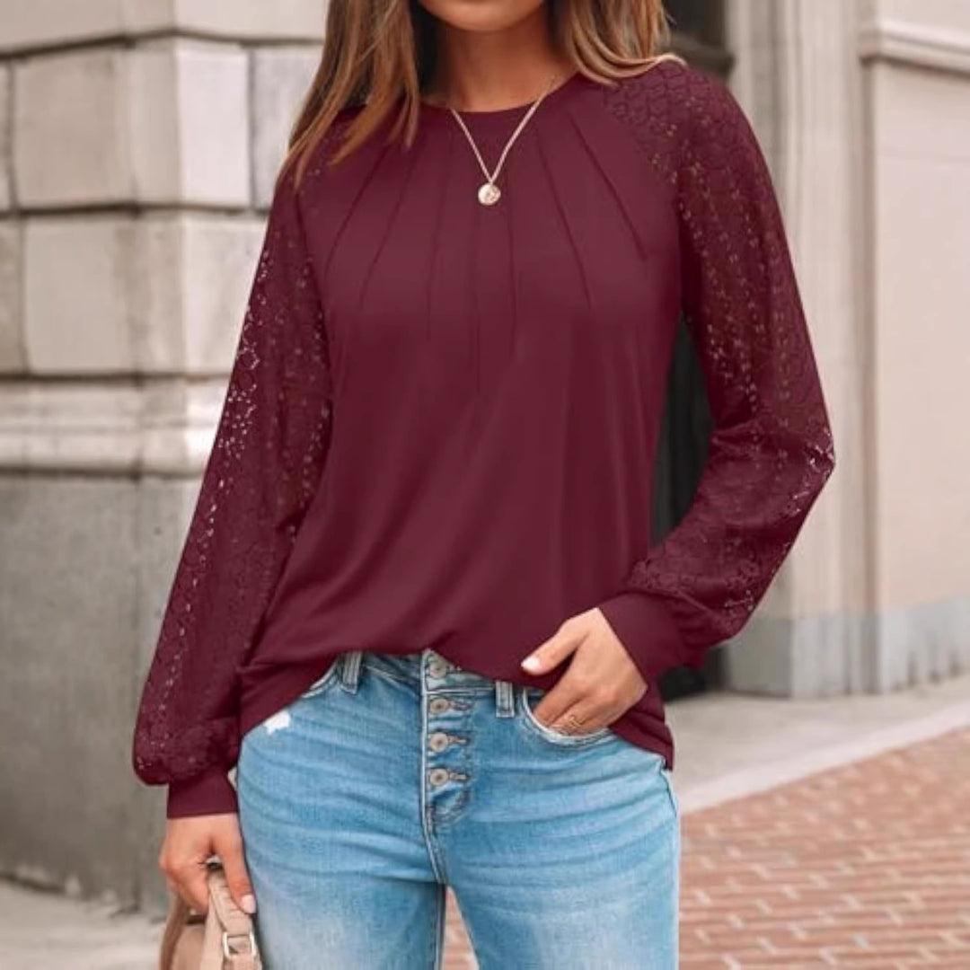 Damen Langarm-Bluse mit Spitzeneinsätzen und Kellerfalten EB