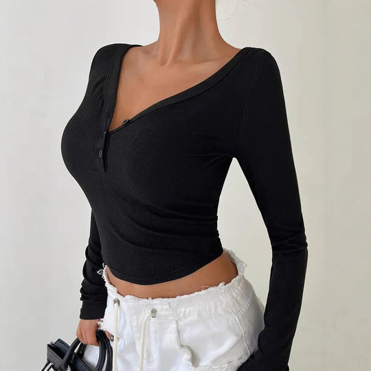 Damen figurbetontes langärmeliges Shirt mit V-Ausschnitt und Knopfleiste EB