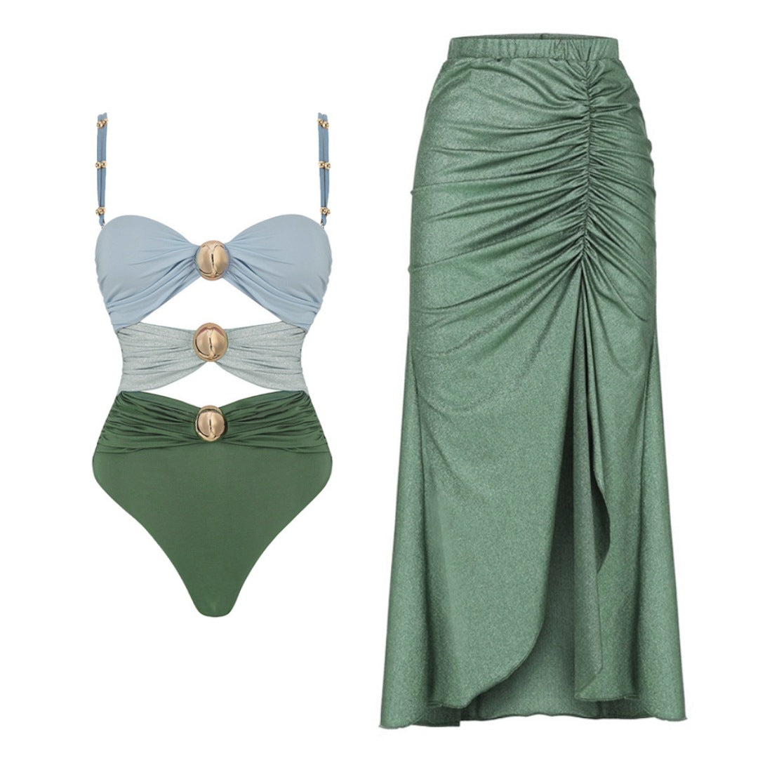 Damen Badeanzug mit raffinierten Drapierungen und eleganten Goldakzenten EB