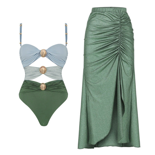 Damen Badeanzug mit raffinierten Drapierungen und eleganten Goldakzenten EB