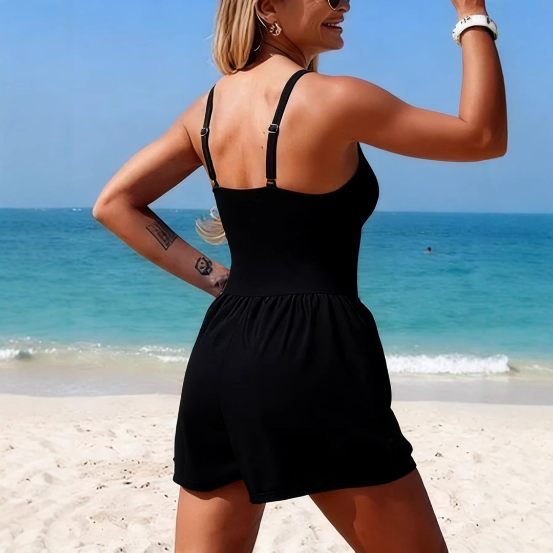 Damen Trendiger Jumpsuit mit Cross-Over-Oberteil und Taschen EB