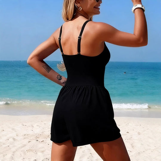 Damen Trendiger Jumpsuit mit Cross-Over-Oberteil und Taschen EB