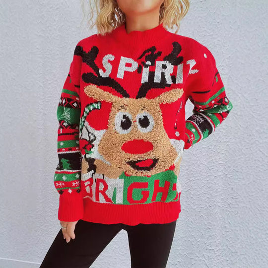 Damen Weihnachtspullover mit fröhlichem Rentier-Motiv und auffälligem Strickmuster EB