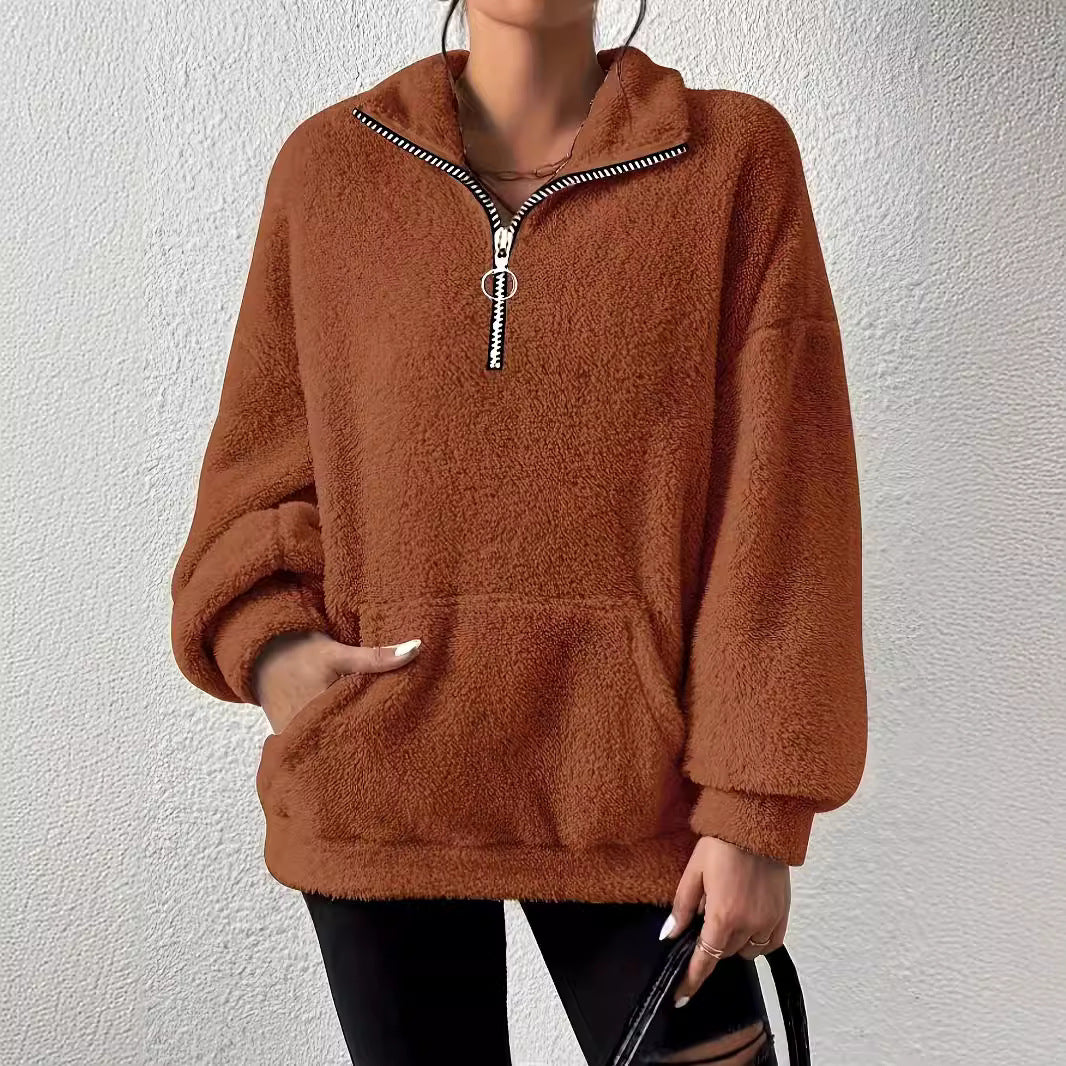 Damen kuscheliger Fleece-Pullover mit halbem Reißverschluss und Seitentaschen EB