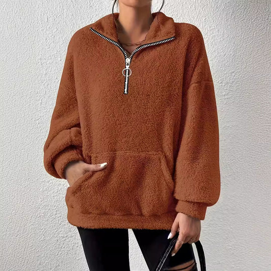 Damen kuscheliger Fleece-Pullover mit halbem Reißverschluss und Seitentaschen EB