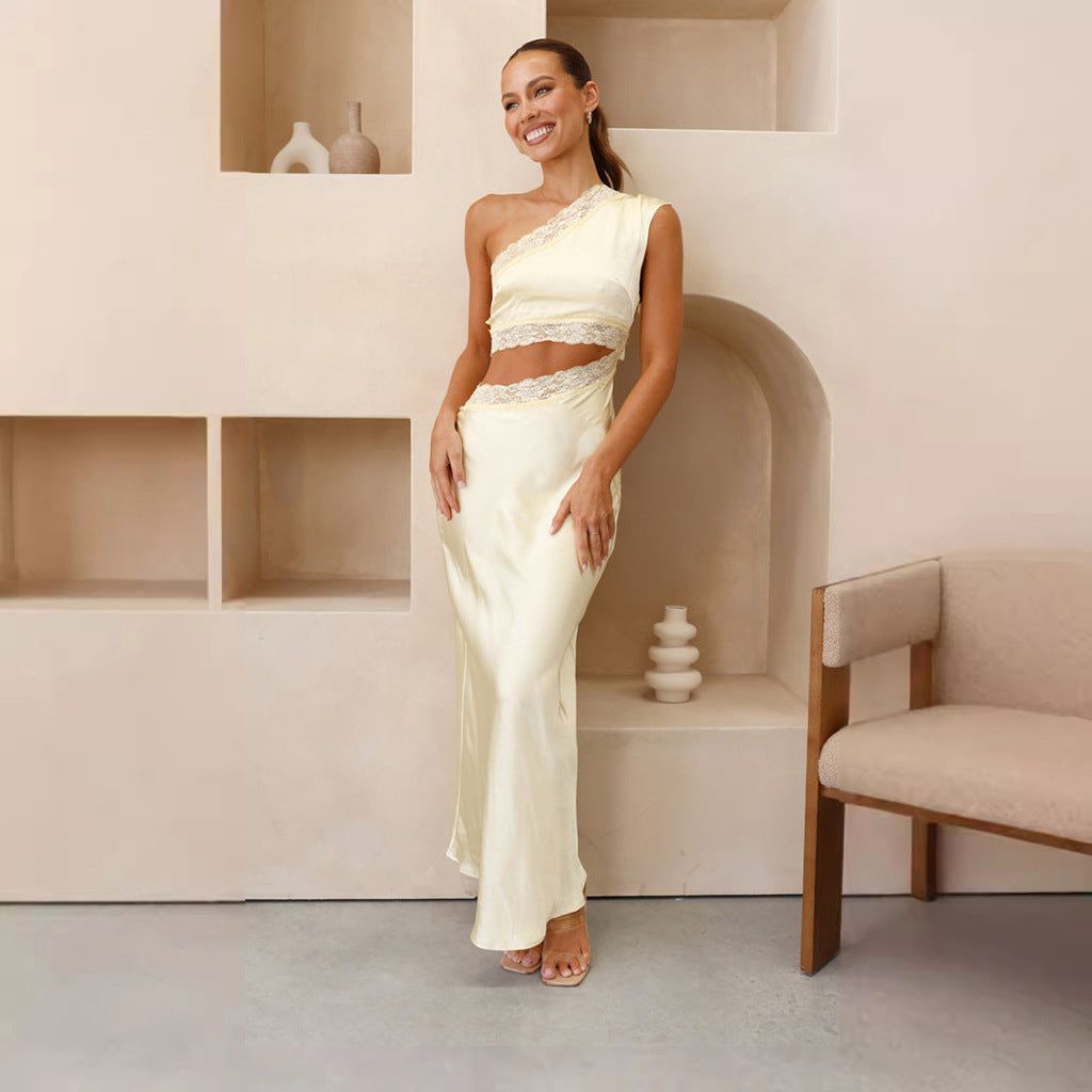 Damen elegantes Hochzeitskleid mit asymmetrischem Design und Spitze EB