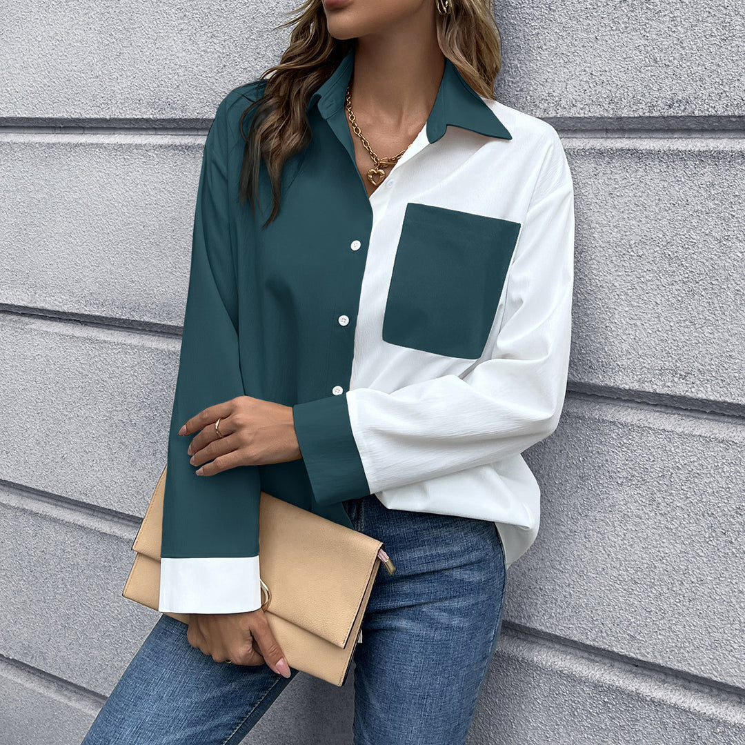 Damen Elegante Oversized Bluse mit Kontrastpaten EB