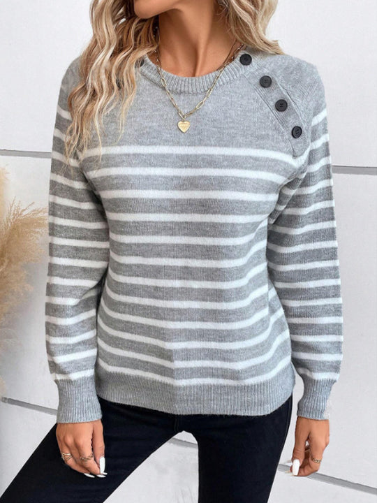 Damen gestreifter Pullover mit dekorativen Knopfdetails und Rundhalsausschnitt EB