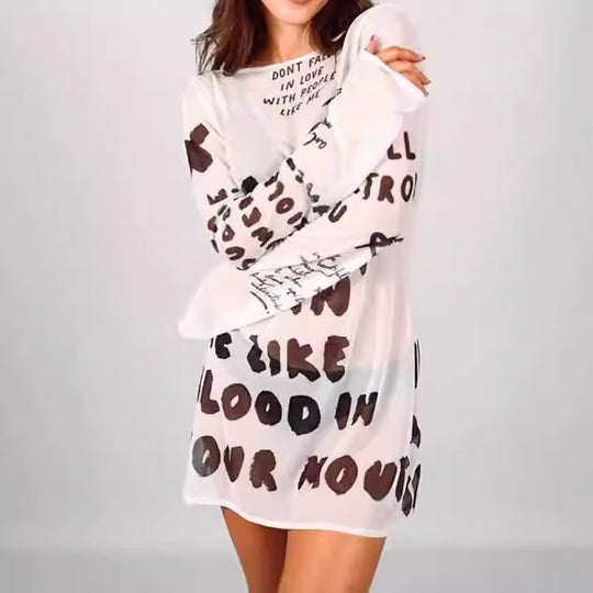 Damen Lässiges Langarmkleid mit kreativem Schriftzug EB