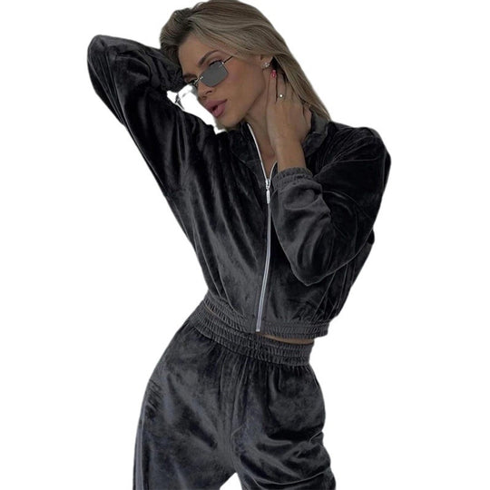 Damen nan Cropped Velours-Joggingset mit halbem Reißverschluss, gerafftem Komfortbund und breiten Bündchen EB