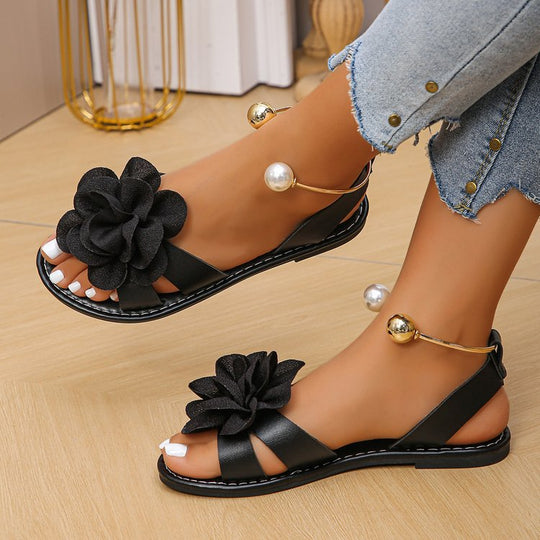 Damen Blumensandalen mit großer 3D-Blütenapplikation und Slingback EB