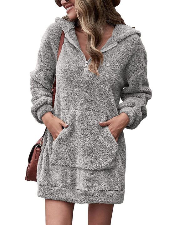 Damen Kuscheliger Hoodie-Kleid mit praktischen Taschen und halben Reißverschluss EB