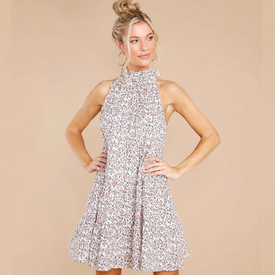 Damen Neckholder-Kleid mit verspielt-floralem Design und Rüschendetails EB
