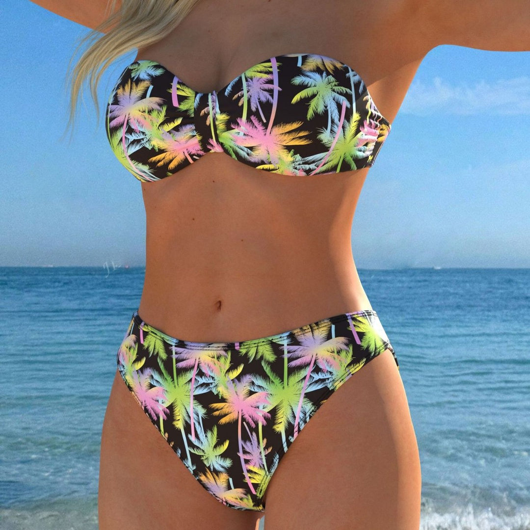 Damen Bandeau-Bikini mit farbenfrohem Palmenmuster und hohem Taillenschnitt EB
