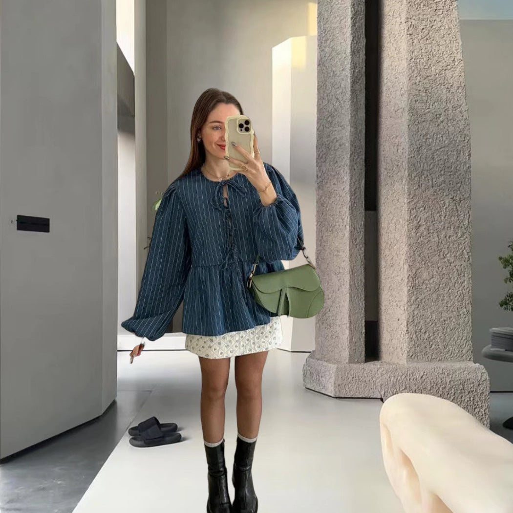 Damen gestreifte Bluse mit voluminösen Puffärmeln und tailliertem Schnitt EB