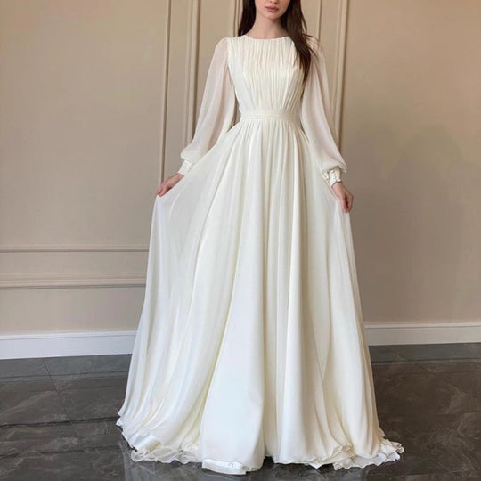 EB | Durchsichtiges Weißes Hochzeitskleid Rundhalsausschnitt Lange Ärmel Kleid