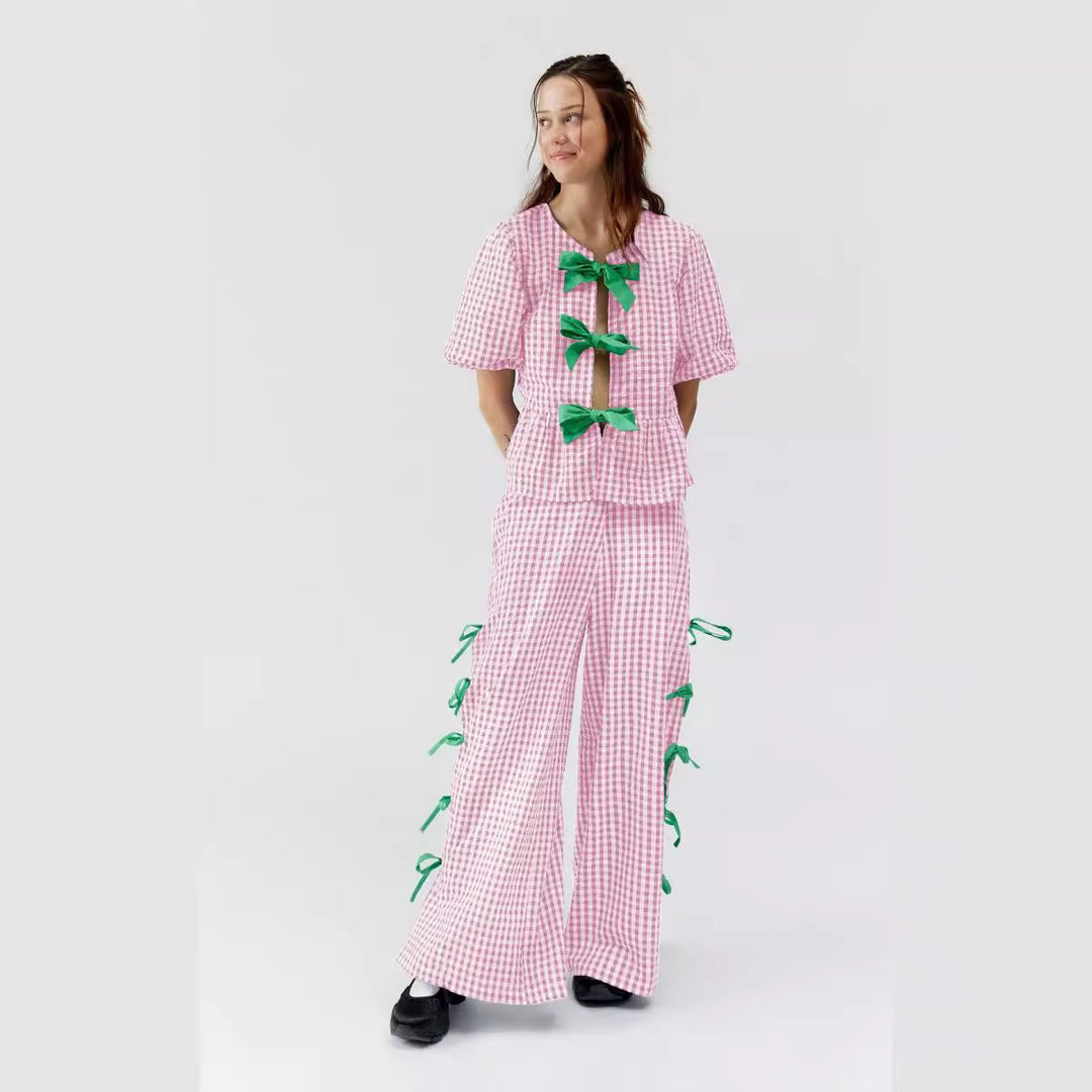 Damen Weite Karohose mit dekorativen Schnürdetails EB