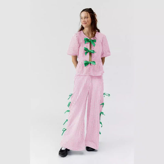 Damen Weite Karohose mit dekorativen Schnürdetails EB