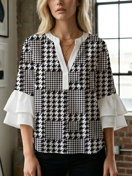 Damen Bluse mit voluminösen Rüschenärmeln und modernem Motiv EB