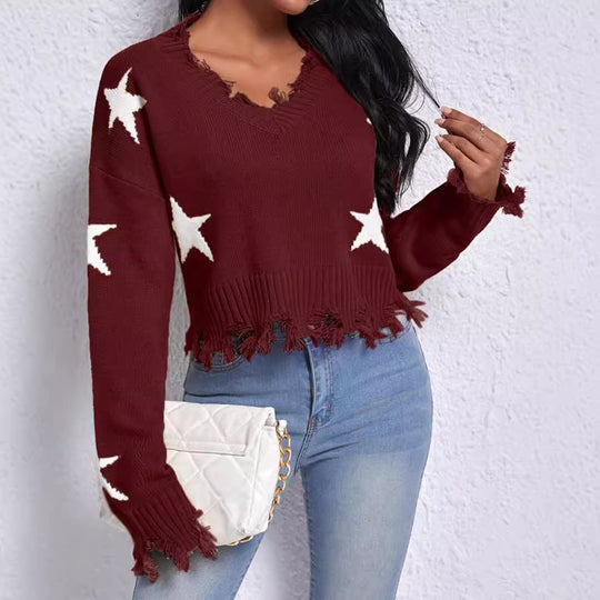 Damen modischer Sweatpullover mit Sternenmotiv und ausgefranstem Saum EB