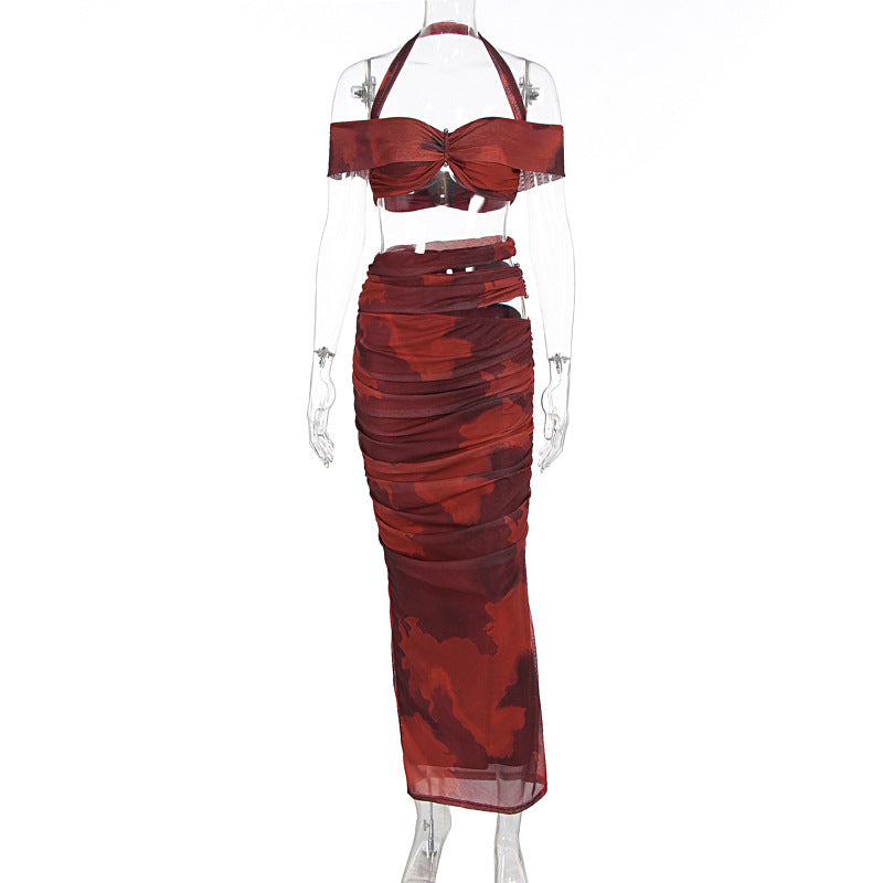 Damen Crop-Top und Maxi-Rock Set mit raffiniertem Rüschen-Design EB