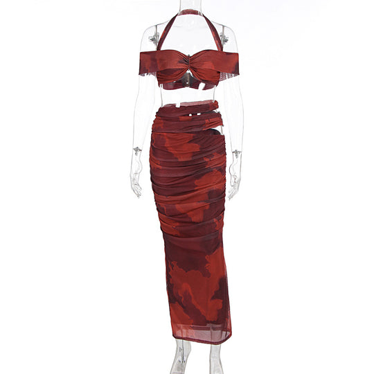 Damen Crop-Top und Maxi-Rock Set mit raffiniertem Rüschen-Design EB