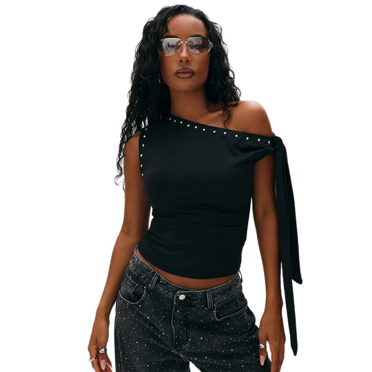 Damen Elegantes One-Shoulder Top mit dekorativen Steinen EB