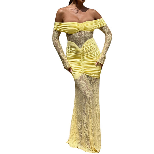 Damen Elegantes schulterfreies Maxikleid mit gerafftem Design und langen Ärmeln EB