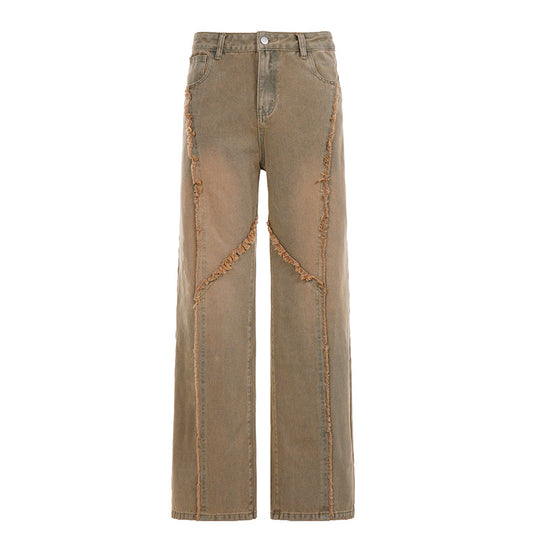 Damen nan hochgeschnittene Wide‑Leg Jeans mit offenen Saumnähten, diagonalem Fransenbesatz und Relaxed Fit EB