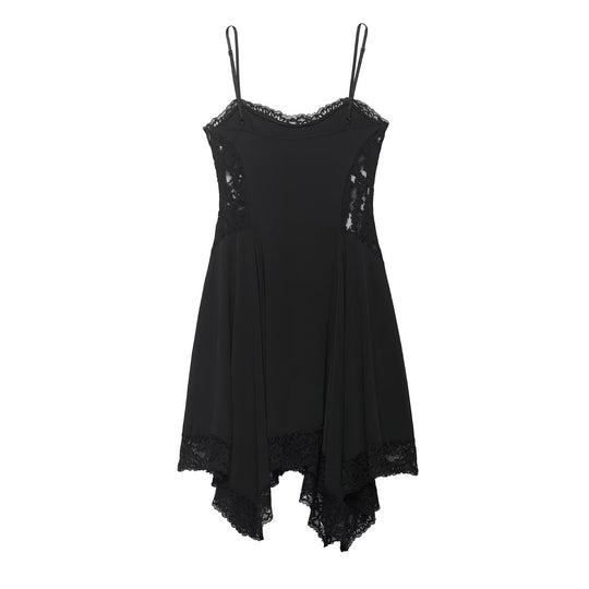 Damen Spitzen- und Satin-Kleid mit asymmetrischem Saum und verstellbaren Trägern EB