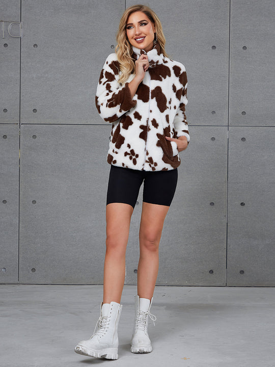 Damen Kuschelige Kunstpelzjacke mit tierischem Muster EB