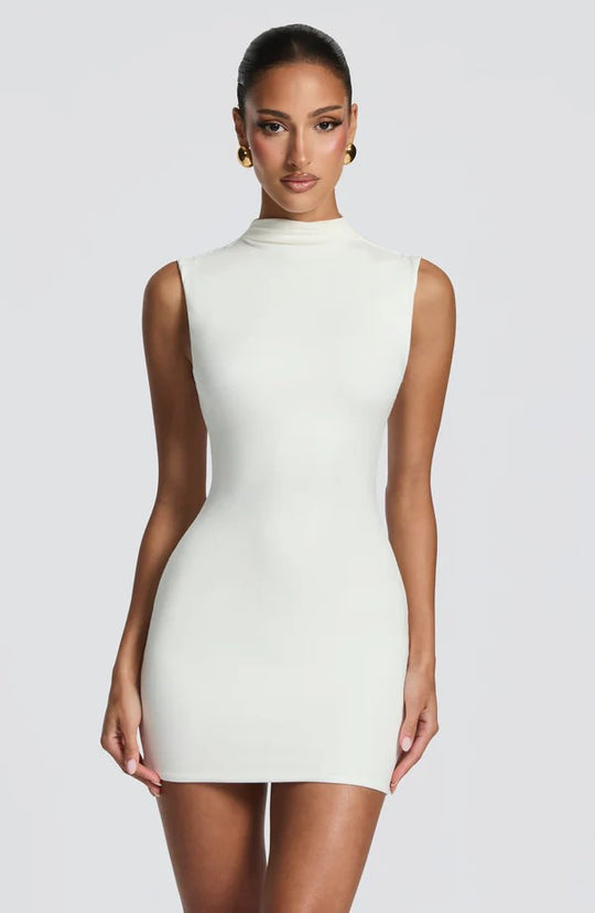 Damen Enganliegendes Stretch-Minikleid mit hohem Kragen EB