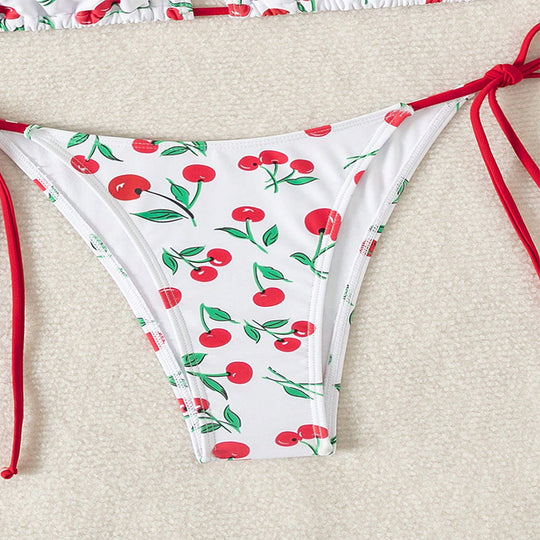 Damen Triangel-Bikini mit Krawattenverschluss und verspieltem Kirschdesign EB