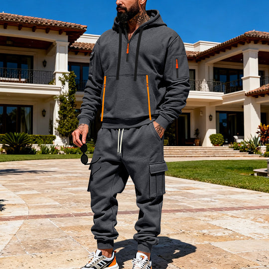 Herren nan urbanes Hoodie-Cargo-Set mit versteckten Reißverschlüssen, Mehrfach-Taschen und elastischem Saum EB